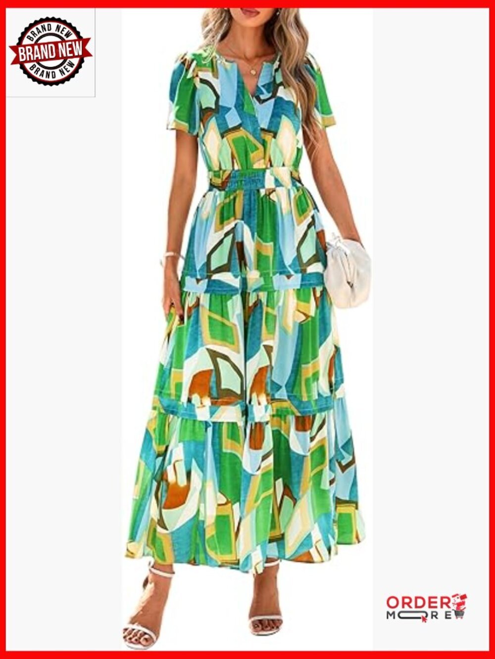 Boho Maxi Dress Short Sleeve V-Neck A-Line Tiered Flowy Beach Vacation Dress